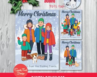 Personalized Family Christmas Card – Hand-Drawn Portrait Illustration, Custom Holiday Card for up to 10 People and Pets - Digital Download