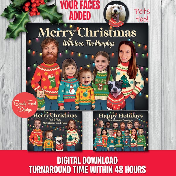 Cartão de Natal personalizado e divertido para família ou escritório – Cartão de Natal com foto de suéter feio, 1 a 18 pessoas/animais de estimação – Download digital