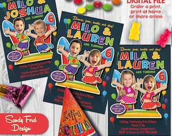 Bounce House Birthday Party Invitation for two kids, boy and girl, two boys, two girls, twins - Personalized with your photo DIGITAL FILE