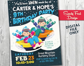 Snow Birthday Party Invitation for two children - boys, girls or both, Snow Tube Invitation, Winter Party Printables DIGITAL FILE