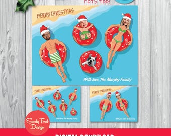 Funny Personalized Family or Office Christmas Card – Beach Photo Holiday Card with Tube Floats, Up to 16 People/Pets – Digital Download