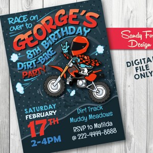 May include: A birthday party invitation for an 8th birthday party with a dirt bike theme. The invitation features a cartoon illustration of a person riding a dirt bike on a dark blue background with white stars. The text on the invitation reads "Race on over to George's 8th Birthday Dirt-Bike Party", "Saturday February 17th 2-4PM", "Dirt Track Muddy Meadows", "RSVP to Matilda @ 222-4444-8888".