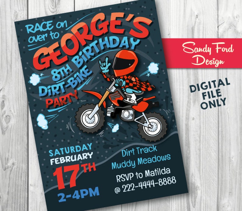 May include: A birthday party invitation for an 8th birthday party with a dirt bike theme. The invitation features a cartoon illustration of a person riding a dirt bike on a dark blue background with white stars. The text on the invitation reads "Race on over to George's 8th Birthday Dirt-Bike Party", "Saturday February 17th 2-4PM", "Dirt Track Muddy Meadows", "RSVP to Matilda @ 222-4444-8888".