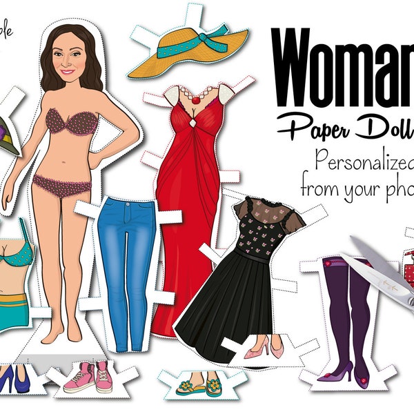 WOMAN'S Personalized Paper Doll Kit - printable dress up doll - DIGITAL files