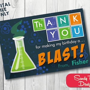 Tarjeta de agradecimiento de fiesta de ciencia personalizada de niño ARCHIVO DIGITAL