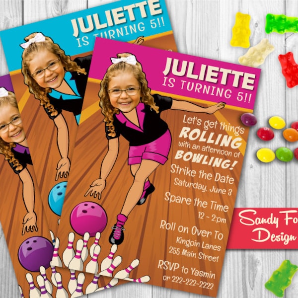 Girl's Bowling Birthday Invitation - Personalized with your photo DIGITAL FILE