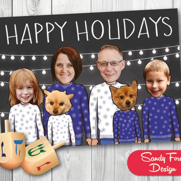 Ugly Sweater Family Hanukkah Card, Funny Photo Holiday Card -  for 2-8 people - DIGITAL FILE