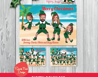 Family Beach Tropical Christmas Card, Funny Photo Christmas Card - Christmas Elves - for up to 21 people - DIGITAL FILE