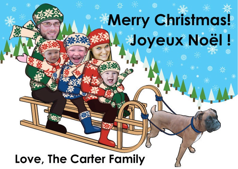 Family Christmas Card, Funny Photo Christmas Card for up to 10 people can include pets Sled DIGITAL FILE image 2