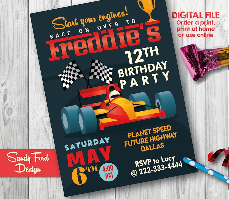 May include: A blue and red race car birthday party invitation with a checkered flag, a trophy, and the text "Start your engines! Race on over to Freddie's 12th Birthday Party". The invitation also includes the date, time, and location of the party.