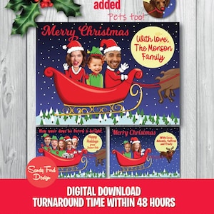 Tarjeta navideña familiar personalizada – Divertida tarjeta navideña con paseo en trineo – Tarjeta navideña digital personalizada con caras de Papá Noel y elfos – Se admiten mascotas