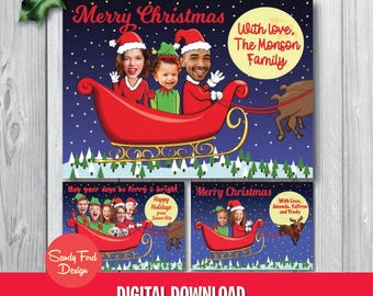 Personalized Family Christmas Card – Funny Sleigh Ride Holiday Card – Custom Digital Xmas Card with Santa & Elf Faces – Pets Welcome