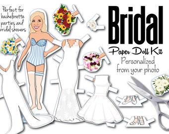 Bridal Shower Paper doll kit - Bachelorette party favor - Printable - illustrated from your photo