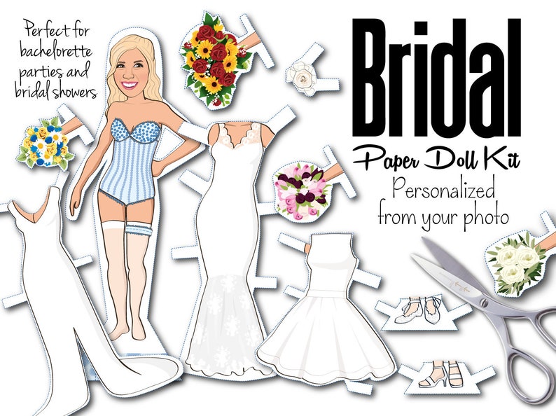Bridal Shower Paper doll kit Bachelorette party favor Printable illustrated from your photo image 1