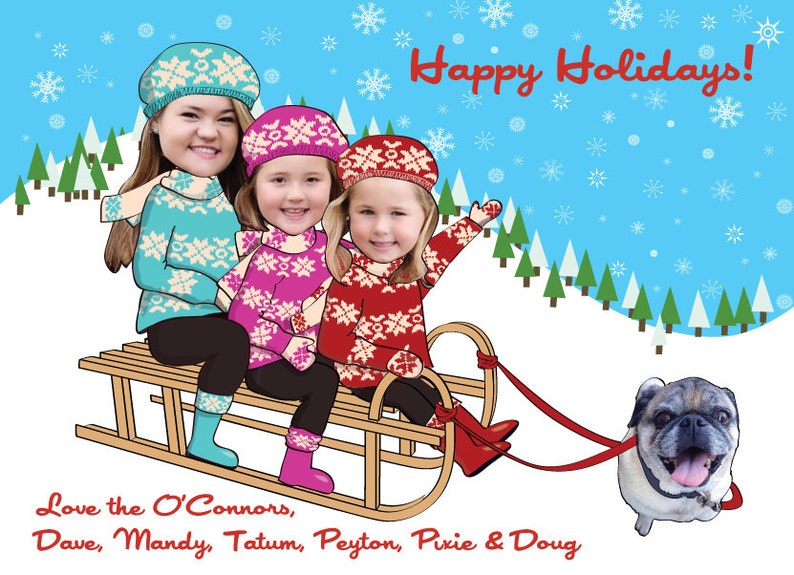 Family Christmas Card, Funny Photo Christmas Card for up to 10 people can include pets Sled DIGITAL FILE image 3