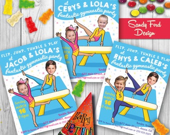 Gymnastics Birthday Party Invitation for 2 children- different ages or twins - Personalized from your photo DIGITAL FILE