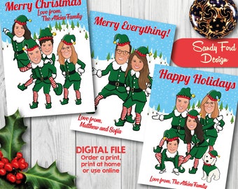 Illustrated Caricature Family Christmas Card, Funny Photo Christmas Card - Christmas Elves - for up to 10 people - DIGITAL FILE