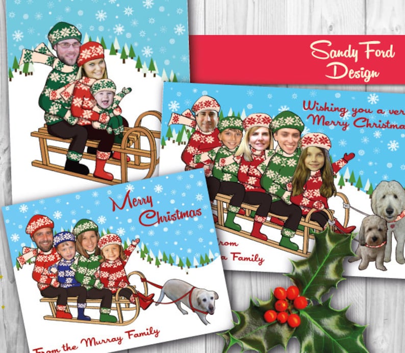 Family Christmas Card, Funny Photo Christmas Card for up to 10 people can include pets Sled DIGITAL FILE image 1