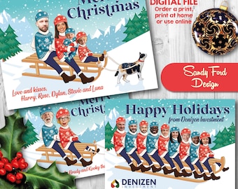 Family Christmas Card, Funny Photo Sled Christmas Card, Winter Holiday Card - for up to 10 people (can include pets) - Sled - DIGITAL FILE