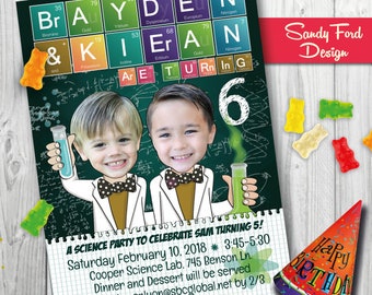 Science Birthday Party Invitation for two children, two boys, two girls - Personalized with your photo DIGITAL FILE