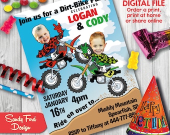 Dirt Bike Birthday Party Invitation for two children, Twins bike party invite - Personalized with your photo DIGITAL FILE