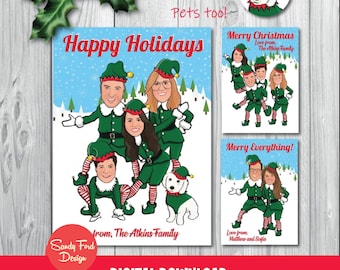 Personalized Funny Elf Family Christmas Card – Illustrated Cartoon, Up to 10 People, Digital Download