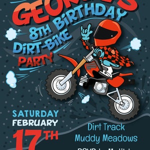 May include: A birthday party invitation for an 8th birthday party featuring a cartoon illustration of a person riding a dirt bike. The text on the invitation reads "Race on over to George's 8th Birthday Dirt-Bike Party", "Saturday February 17th 2-4PM", "Dirt Track Muddy Meadows", "RSVP to Matilda @ 222-4444-8888".