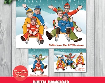 Funny Personalized Family Christmas Card – Toboggan Photo Holiday Card, Up to 12 People/Pets – Winter Card Digital Download