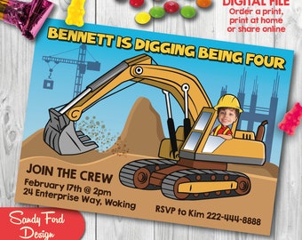 Excavator Birthday Party Invitation, Boys' Construction party, Digger birthday invitation- Personalized with your photo DIGITAL FILE