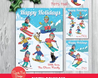 Funny Personalized Family Christmas Card – Skiing & Snowboarding Photo Holiday Card, Up to 17 People/Pets – Digital Download