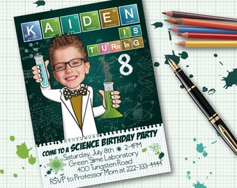 Invitación de fiesta de cumpleaños de ciencia de niño - invitación de foto personalizada imprimible