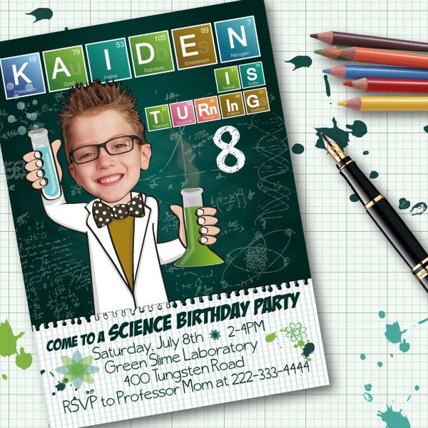 Boy's Science Birthday Party Invitation - Printable personalized photo invitation