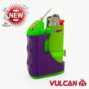 Hemp Wick Dispenser/Lighter Holder. 4-in-1 Vulcan MINI (Fits Mini Bic) Purple Body, Green/Blue Theme