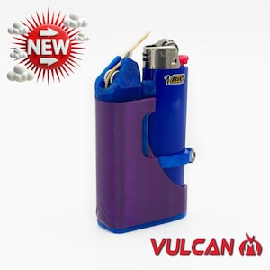 Hemp Wick Dispenser/Lighter Holder. 4-in-1 Vulcan MAX (Fits Large Bic & Cylindrical Clipper) Purple Body/ Green/Blue Theme