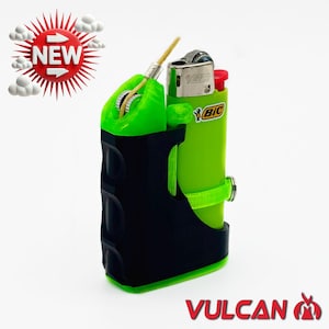Hemp Wick Dispenser/Lighter Holder. 4-in-1  Vulcan MINI (Fits Mini BIC) Black Body, Green/Blue Theme