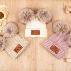 Custom Baby Pom-Pom Hats with Names, Personalized Children&#39;s Winter Pom-Pom Hats, Leather Name Patch Pom-Pom Hats, Newborn Beanies