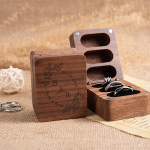 Engagement Ring Box, Custom Walnut Ring Box, Personalized Gift for Bride, Engraved Ring Bearer Box,Triple Flip Ring Box, Anniversary Gift
