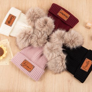Personalized Baby Hats with Names, Baby Leather Patch Pom-Pom Hats, Personalized Baby Name Hats, Baby Knitted Hats with Names,Custom Beanies