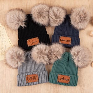 Personalized Baby Name Hat,Baby Hat with Name,Leather Patch Beanie,Customized Baby Pom-Pom Hats, Baby Knit Hat with Name