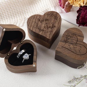 Custom Wood Wedding Ceremony Heart-Shaped Ring Box, Engraved Ring Box, Personalized Engraved Engagement Proposal Holder, Bridal Gift For Her