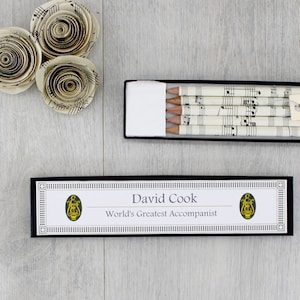 Music Teacher Gift Pencils in a Personalised Pencil Box - Beethoven and Mozart Sheet Music