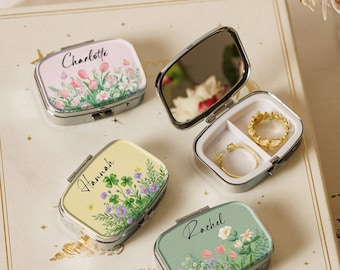 Estojo de joias floral personalizado com espelho, porta-anéis de viagem, caixa compacta para guardar brincos, presente para madrinhas.