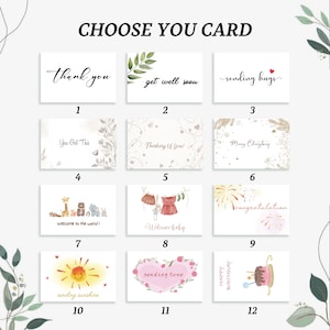 Pode incluir: Uma sele&ccedil;&atilde;o de cart&otilde;es com v&aacute;rias mensagens, incluindo "Obrigado", "Melhoras" e "Enviando abra&ccedil;os". Os cart&otilde;es apresentam ilustra&ccedil;&otilde;es em aquarela e caligrafia. O texto "CHOOSE YOU CARD" est&aacute; no topo.