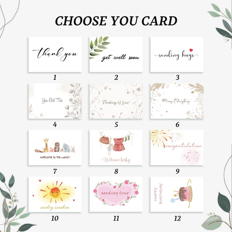 Pode incluir: Uma sele&ccedil;&atilde;o de cart&otilde;es com v&aacute;rias mensagens, incluindo "Obrigado", "Melhoras" e "Enviando abra&ccedil;os". Os cart&otilde;es apresentam ilustra&ccedil;&otilde;es em aquarela e caligrafia. O texto "CHOOSE YOU CARD" est&aacute; no topo.