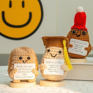 Positive Crochet Emotional Support Potato - Handmade Stress Relief Gift with Stand, Graduation Keepsake for Her, Office Desk Anxiety Toy