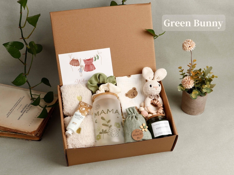 New Mom Care Package, New Baby gift box, Welcome Baby Gift, Birthday Gift, Self Care Gift, Congratulations, Gift For Her, Cozy Gift Green Bunny