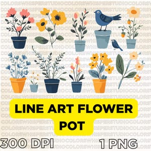 Line Art Flower Pot Clipart PNG Bundle | Hand Drawn Potted Plants and Birds | Botanical Line Art Floral Stickers Digital Download