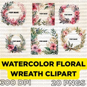Watercolor Floral Wreath Clipart PNG Bundle, Boho Hand Painted Flower Frames for Invitations Cards Scrapbooking Digital Design