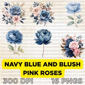 Vintage Navy Blue And Blush Pink Rose Floral Clipart Bundle, Watercolor Flowers PNG Bouquet Set For Wedding Invitations And Design