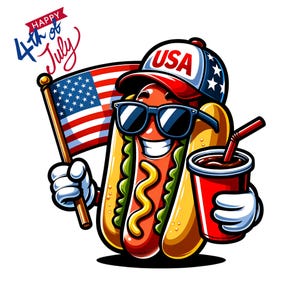 4th of July Patriotic Hot Dog Clipart PNG | Funny USA Cartoon Design for Sublimation | Independence Day Printable | America T-Shirt Art